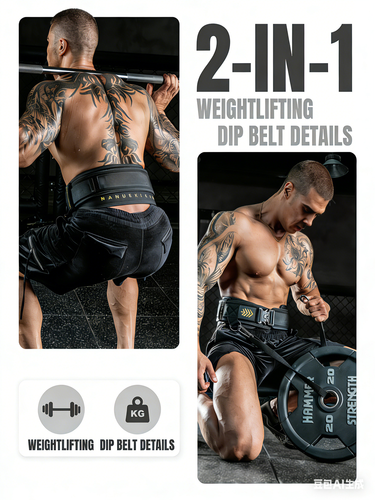MANUEKLEAR 2-in-1 Weightlifting Belt & Dip Belt with 36.7 IN Rope, Double-Layer Weight Lifting Belts, Powerlifting Gym Weighted Belt for Pull Up Squat