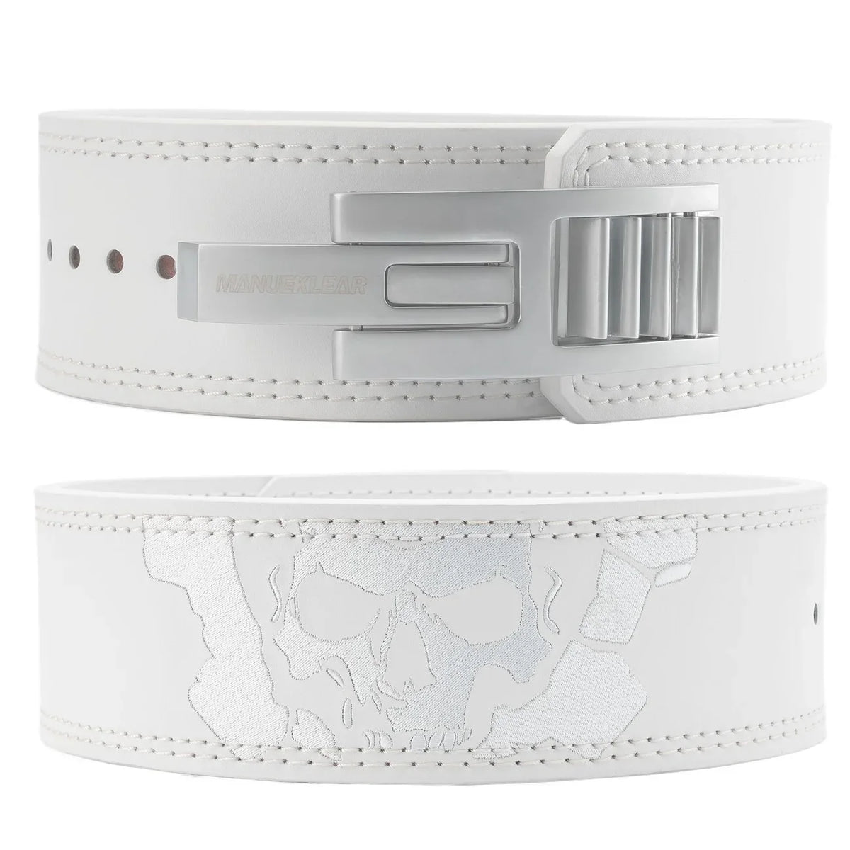 MANUEKLEAR adjustable heavy-duty lever weightlifting belt in white/silver