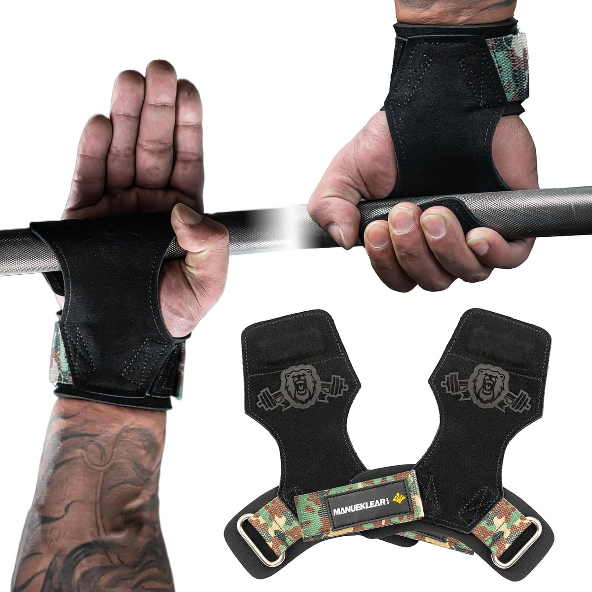 MANUEKLEAR Double Leather Lifting Straps, Black/Camo, One Size