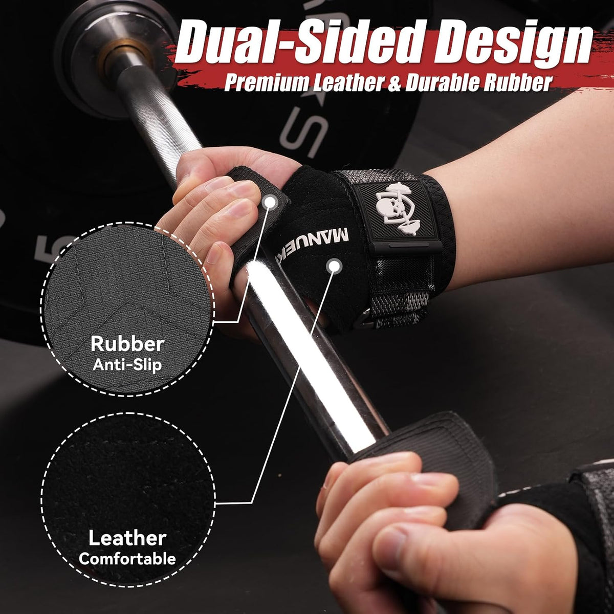 MANUEKLEAR Double Leather Lifting Straps, Black, Size S, image 2