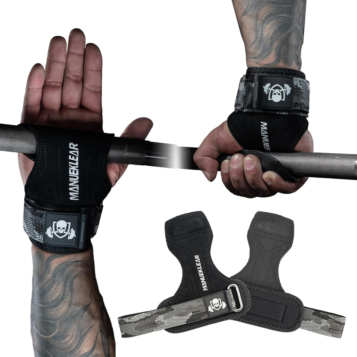 MANUEKLEAR Double Leather Lifting Straps, Black, Size S