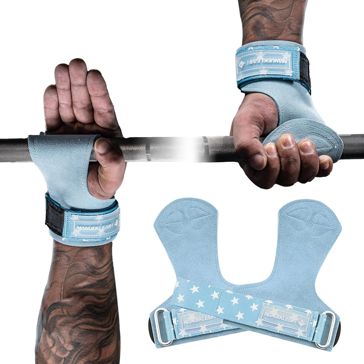 MANUEKLEAR Double Leather Lifting Straps, Blue, One Size
