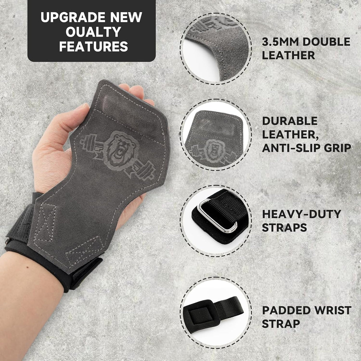 MANUEKLEAR double leather lifting straps, Gray, One Size, image 2