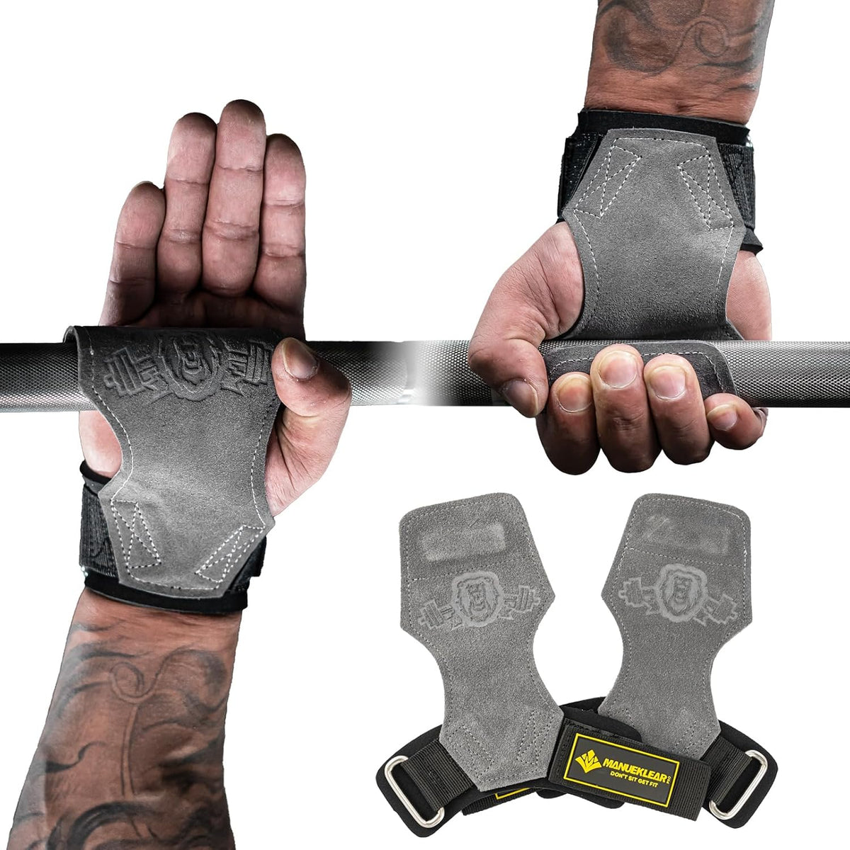 MANUEKLEAR Double Leather Lifting Straps, Gray, One Size