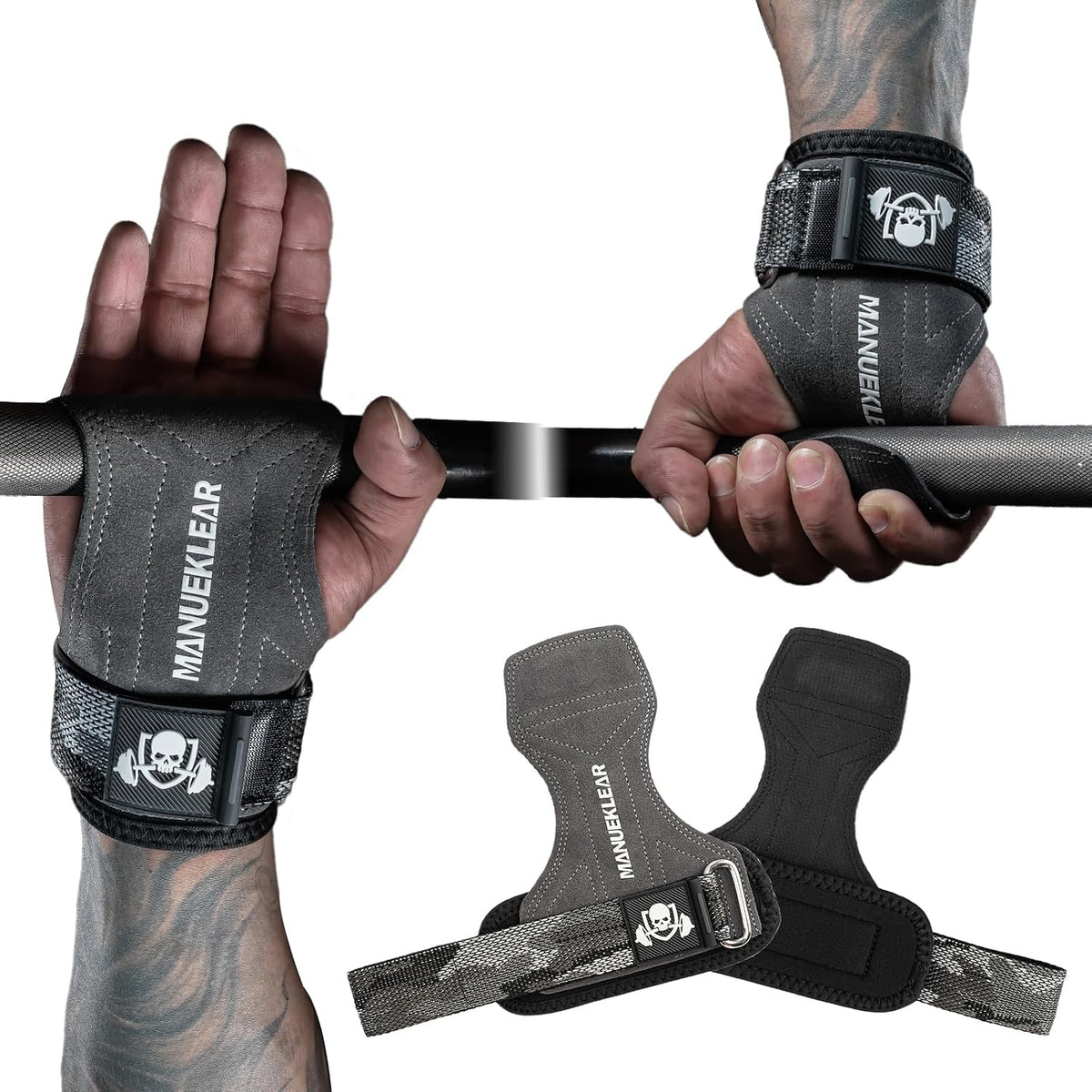 MANUEKLEAR Double Leather Lifting Straps, Gray, Size S