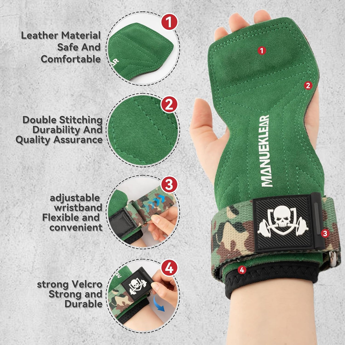 MANUEKLEAR Double Leather Lifting Straps, Green, Size S, image 4