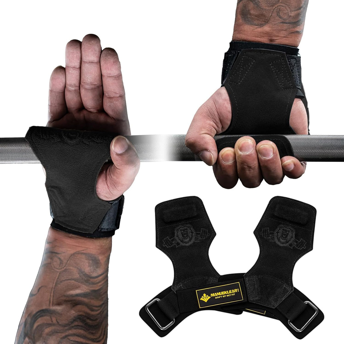 MANUEKLEAR Double Leather Lifting Straps, Black, One Size