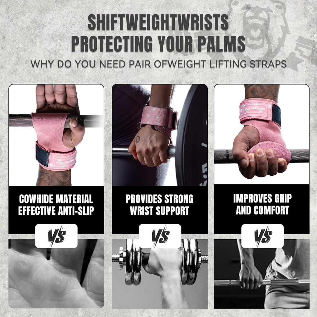 MANUEKLEAR Double Leather Lifting Straps, Pink, One Size, image 6
