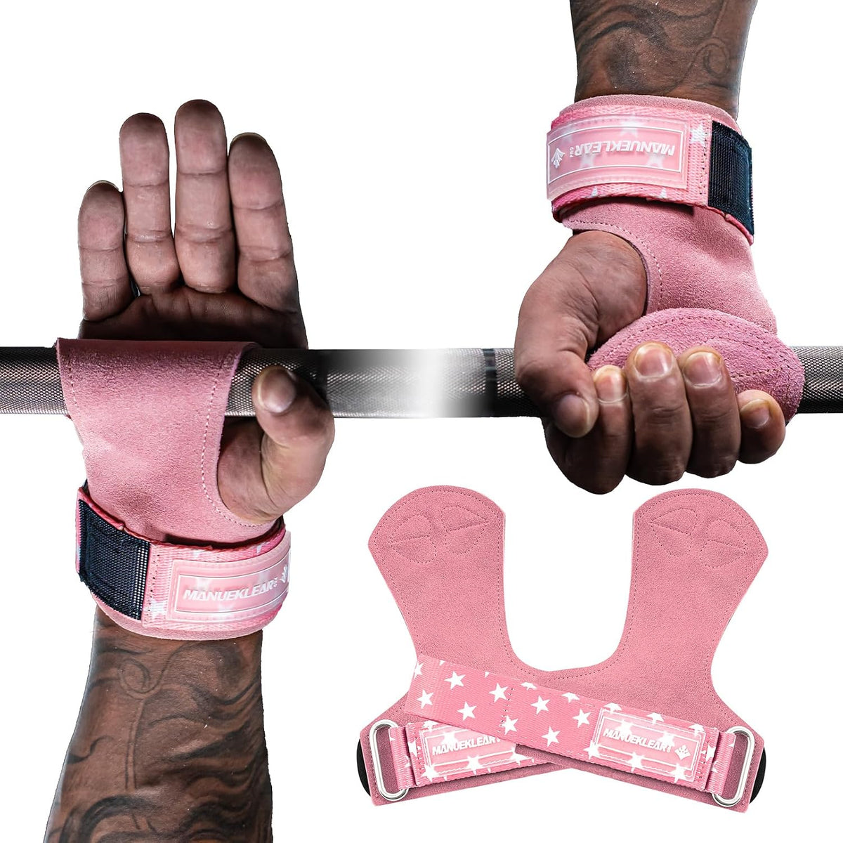 MANUEKLEAR Double Leather Lifting Straps, Pink, One Size