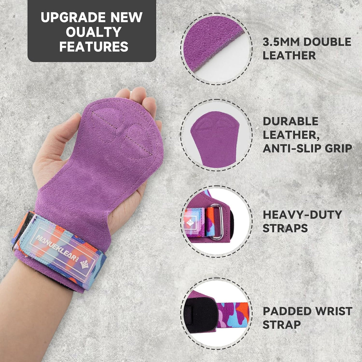 MANUEKLEAR Double Leather Lifting Straps, Purple, One Size, image 2