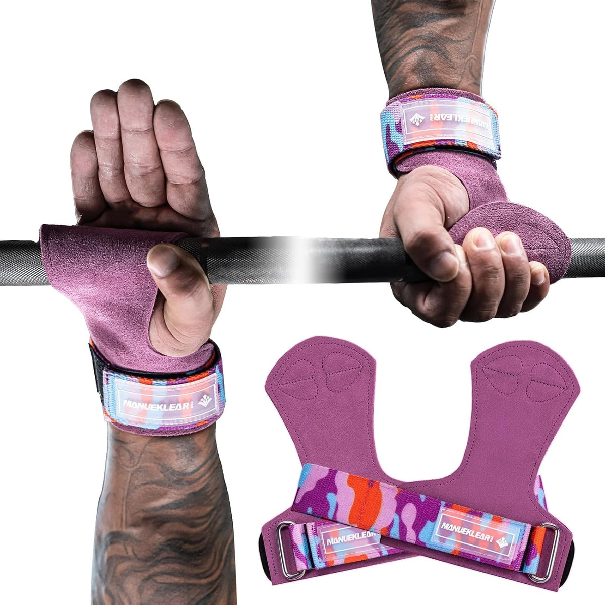 MANUEKLEAR Double Leather Lifting Straps, Purple, One Size